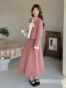 Pink Velvet Short Jacket And Skirt Set Womens Fashion Luxury Style Autumn Collection Two-Piece Suit V-Neck Long Sleeve Casual Wear