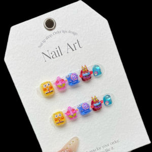 Childrens Handmade Wearable Nail Art Patches Short Nail Tips Sponge Star Design Fake Nails for 10 12 Year Old Girls