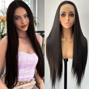 Dark Brown Long Silky Straight Synthetic Free Part Chocolate Brown Brunette Natural Heat Resistant Fiber Wigs for Women Daily