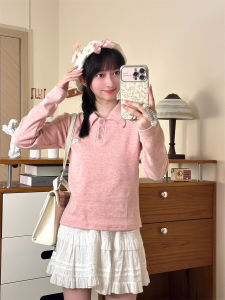 Original Letter Label Shoulder T-Shirt Womens INS Style Button Polo Collar Pure Color Long Sleeve Slim Short Top Knitted Polyester