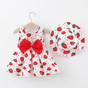 0-4 Y baby Vestidos summer seaside vacation childrens dress floral sleeveless bow girl princess dress+hat Clothes