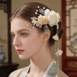 Ancient-Style Hanfu Silk Flower Hairpin Ethereal Pearl Tassel-Edged Hairpin Girlish Charm Headpiece