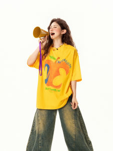 Retro American Abstract  Print Short Sleeve T-Shirt Women Summer Loose Versatile Street Style round Neck Top