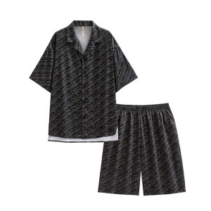 yuenei | Ice Silk Mens Summer Sleepwear Short Sleeve Home Clothes Cardigan Style Casual Comfortable Breathable Soft Polyester Fabric