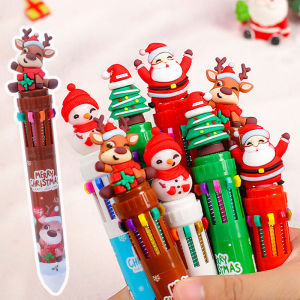 YESPERY Christmas 10-color Ballpoint Pen Student Press-type Color Pen Santa Claus Ballpoint Pen 0.5mm School Stationery