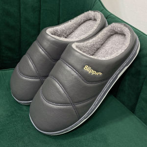 รองเท้าแตะผ้าฝ้าย PU หนัง สำหรับผู้หญิง ฤดูหนาว รองเท้าแตะในบ้าน รองเท้าแตะผู้ชาย รองเท้าแตะแบบมีพื้นหนา กันลื่น อบอุ่น รองเท้าแตะผ้าฝ้าย