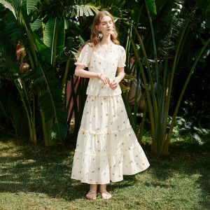 XIANGYING | V-Neck Embroidery Floral Set Dress 2 Pieces