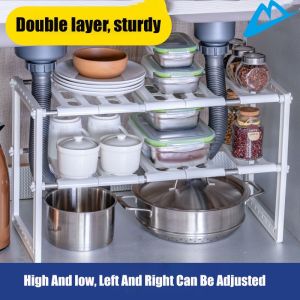 Stainless Steel Storage Shoe Rack Adjustable Extendable Double Layer Dishes Storage Rack Kitchen Under Sink Multifunction Shelf