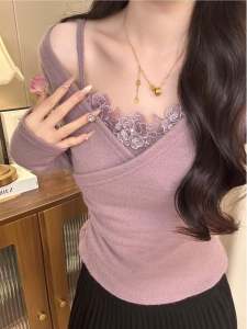 เสื้อยืดคอกว้างแขนยาวสีม่วง Pure Desire เสื้อเชิ้ตผู้หญิงฤดูใบไม้ร่วง ดีไซน์เก๋ไก๋ กระโปรงทรงเอ เสื้อชั้นในสุดเทรนด์