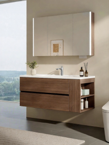 TEM | Retro Style Ceramic Sink with Storage Walnut Wood Pattern Honeycomb Aluminum Combination Bathroom Vanity