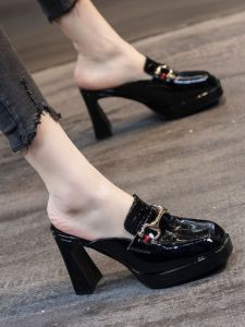 Womens Soft Leather Sandals High Heels Waterproof Platform Thick Heel Half Slippers Spring New Style Comfortable Casual Shoes