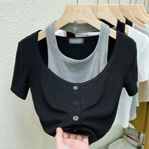 Sweet And Spicy Girl Pure Desire Short Sleeve T-Shirt with Strap Womens Slimming Top Summer New Design Commute Style Square Collar