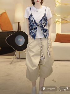 Shalldoer | Bộ đồ thể thao thường ngày mùa hè cho nữ Bộ đồ hai mảnh tay ngắn quần ống rộng dài đến mắt cá chân thiết kế thời trang