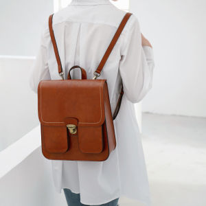 Vintage British Style Leather Shoulder Bag Womens College Fashion Backpack Waterproof Anti-Tear Zipper Closure Backpack