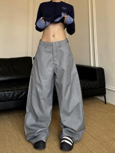 Trendy High Street Loose Wide Leg Casual Pants American Style Simple Knife Shape Polyester Fiber Casual Trousers for Women