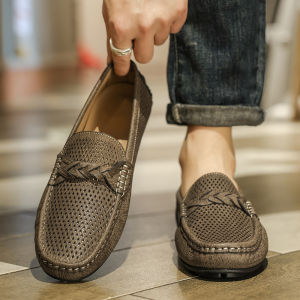 Mens Summer Breathable Casual Leather Shoes Hollow out Slip-On Soft Bottom British Style Fashion Loafers Doughnut Shoes