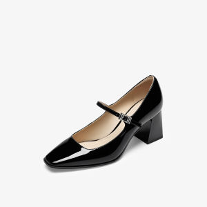 Black Thick Heel Mary Janes Womens Shoes Spring 2025 Fashion Square Head French Style High Heels Leather Casual Shoes