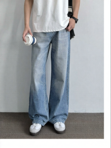 American Vintage Washed Wide Leg Straight Blue Jeans