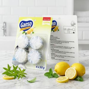Ganso Toilet Cleaning Blocks (Lemon Fragrance) – 4 x 50g In-Cistern Deodorizer & Automatic Bowl Cleaner with Water-Soluble Protective Film B4