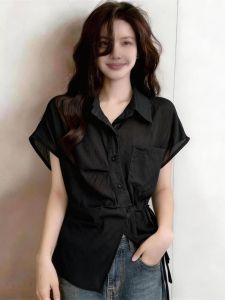 Slimming Irregular Waist Tied Polo Shirt Women