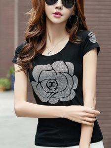 Summer 2025 Rose Pure Cotton Short Sleeve T-Shirt Womens Slim Fit Heavy Embroidery Diamond Versatile Half Sleeve plus Size Body Tee