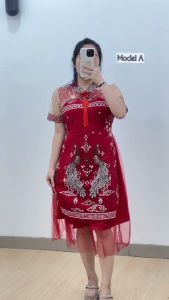 6288 Ailee Combi Brukat Katun Midi Dress Wanita Gaun Cheongsam CNY