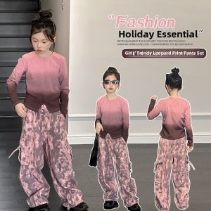 MPW | Korean Style Leopard Print Top And Cargo Pants Two-Piece Set For Girls Autumn Wear Comfortable Cotton Blend Machine Washable