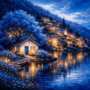 Huacan Full Square Round Diamond Painting Lakeside Blues Night Town Diamond Embroidery Landscape Art Decorative Paintings