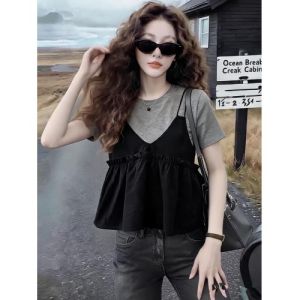 AIYITI | Large Size Summer Layered Stylish Two-piece Outfit Black Strap and Grey T-shirt