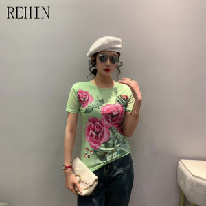 REHIN Womens top New Summer fashion mesh flowers floral unique desig printed short-sleeved T-shirt round-neck Slim S-3XL thin elegant trend blouse