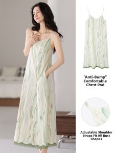 Miiow | Cat Woman Summer Sleepwear Home Clothes Long Dress Womens Outerwear With Chest Pad Cotton Blend V-neck Striped Print