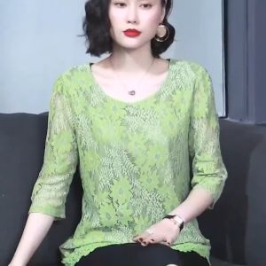 Women Spring Summer Style Blouses Shirts Lady Casual Half Sleeve Flower Printed Lace