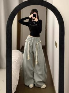 American Retro Profile Wide Leg Machete Gray Sports Pants Female Loose Casual Hip Hop Sweatpants Straight-leg Mop Pants