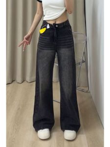 กางเกงยีนส์ทรงตรงสีดำไซส์ใหญ่สำหรับผู้หญิง กางเกงขายาวเอวสูงทรงหลวมสำหรับฤดูใบไม้ผลิและฤดูใบไม้ร่วง ทรงเข้ารูป