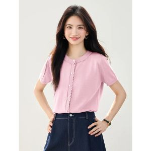 puella | Icy Silk Knit T-Shirt Short Sleeve Sweet Lace Collar