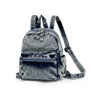 Retro Denim Casual Travel Backpack Durable Womens Shoulder Bag Soft Handle No Waterproof Zipper Closure 11 Inch Laptop Compartment