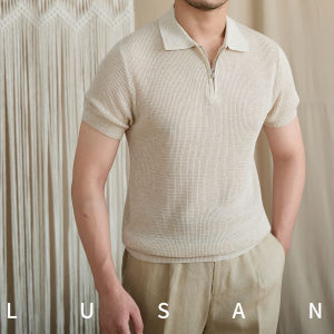 Summer Slim Fit Collar Zipper Short Sleeve Hemp Blend Breathable Waffle Knitted Shirt