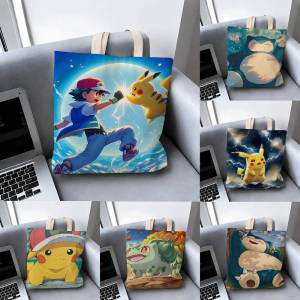 Bandai | Pokemon Classic Characters Storage Bags Tote Bag Travel Summer Beach Shoulder Bag Reusable Grocery Shopping Bag Anime Artwork