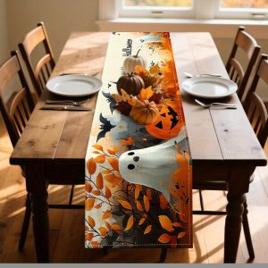 1 Piece of Halloween Themed Table Runner Ghost Pumpkin Bat Pattern in Orange Black and White Suitable for Parties Restaurants Homes Markets and Holiday Decoration Scenes.