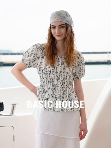 Basic House | French Style Flower Print Ruffled Waist Bubble Sleeve Short Sleeve Shirt
