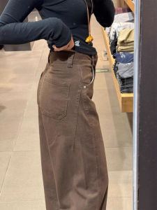 Caramel Colored Wide Leg Jeans Womens High Waist Knife Edge Pants American Style Casual Wear Torn Washed Denim Fabric