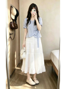NIUVIES | New Blue Plaid Shirt White Skirt Set