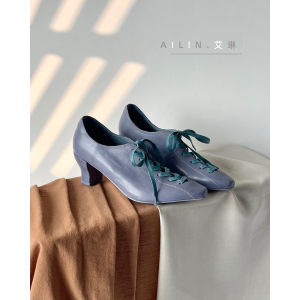 Ailin Handmade High-End Womens Fashion Single Shoes with Bow Design Square Head Retro Mary Jane Shoes Leather Upper Deep Mouth