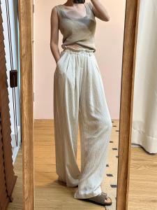 High Waist Wide Leg Cotton Linen Stripe Casual Pants Women Summer Thin Drapey Loose Fit Trousers Korean Style Commute Wear