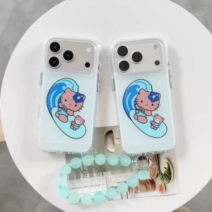 Sanrio | Cute Surf HelloKitty Phone Case With Bead Wrist Strap Large Camera Window Soft Shockproof Cover For iPhone 16 15 14 13 17 ProMax