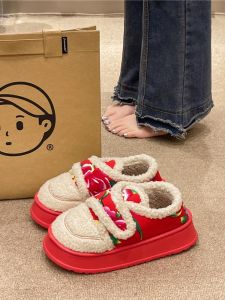 Floral Cotton Slippers Womens Winter Thick Bottom Anti-slip Indoor Outdoor Wear Fleece Warm High Heel Home Shoes