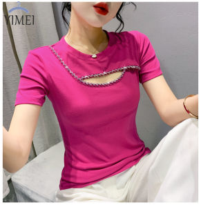 YIMEI สินค้ายุโรป 2022ฤดูร้อน - เซ็กซี่กลวงลูกปัดผู้หญิง, สั้นคอกลมแขนสั้น แฟชั่นยืด ถูกแบบสำหรับผู้หญิง