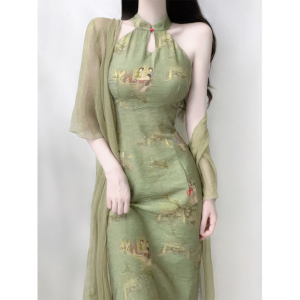 Young Womens Summer New Chinese Style Two-Piece Set Spicy Girl Improved Cheongsam Sleeveless Floral Polyester Long Qipao Dress