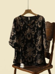 Retro Chinese Style Loose Fit Shirt V-Neck Printed Five Sleeve Womens Casual Fashion Large Size Button up Top