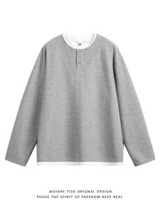 Loose Long Sleeve T-Shirt Mens Spring Pure Color Patchwork Henry Collar Top Youth Fashion Casual Wear Polyester Fiber